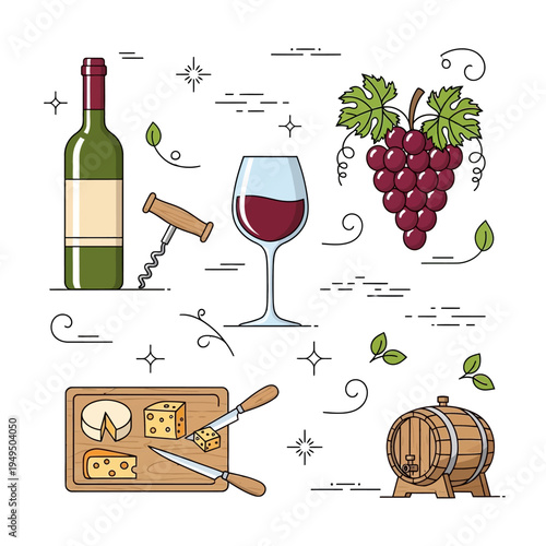 Wine and Cheese Pairing: Bottle, Glass, Grapes, Cheese Board, Corkscrew, Barrel