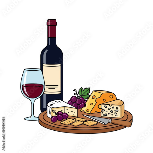 Wine and cheese platter with grapes and crackers on a wooden board, isolated on white