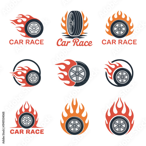 Racing Flat Labels Vector Set, Motorsport Badge and Emblem Collection for Car Racing, Speed Competition and Motorsport Event Design, Vintage Racing Logo Elements