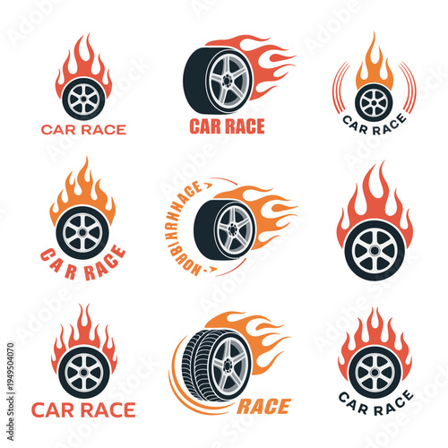 Racing Flat Labels Vector Set, Motorsport Badge and Emblem Collection for Car Racing, Speed Competition and Motorsport Event Design, Vintage Racing Logo Elements