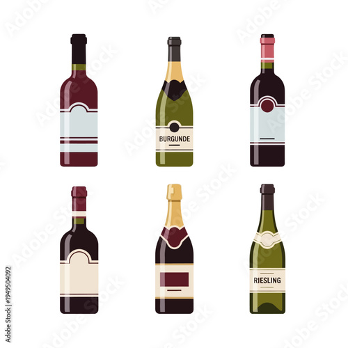Collection of six wine bottles, including red wine and champagne, isolated on white background