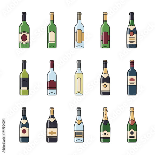 Assorted Wine Bottles Collection: Variety of Alcoholic Beverages on White Background