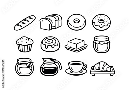 Morning bakery breakfast: baguette, sliced bread loaf, bagel, donut, muffin, cinnamon roll, butter block, strawberry jam jar, honey jar, coffee pot, tea cup, breakfast tray with