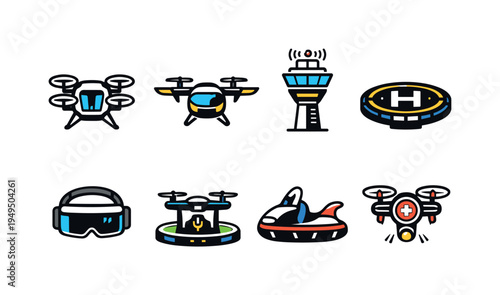 Futuristic urban air mobility: passenger drone, flying taxi, aerial traffic control tower, landing pad, VR navigation headset, drone charging station, personal hovercraft