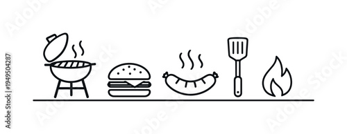 Backyard grilling and barbecue food preparation as a relaxed outdoor cooking activity during summer gatherings and casual family meals, barbecue grill, burger, sausage, spatula