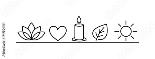 Mental wellness self-care routine and emotional balance practices for maintaining psychological health in everyday life, lotus flower, heart, candle, leaf, and sun, calm clarity