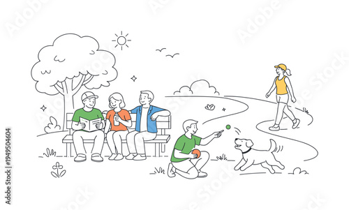A peaceful everyday moment where a small group enjoys light outdoor activities in a city park while taking a break from daily routines and technology, visual metaphor of a park