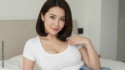 ベッドに座り胸元に手を添えて微笑む女性