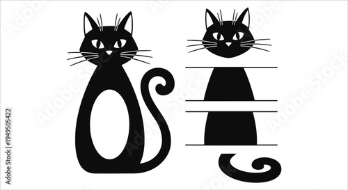 Stylized black cat designs with geometric shapes and swirling tails are displayed