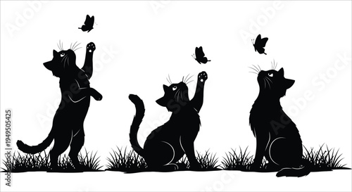 A playful scene of three black cats attempting to catch butterflies in a grassy field