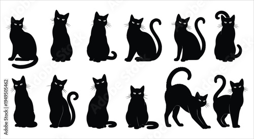 A collection of black cat silhouettes in various poses and positions