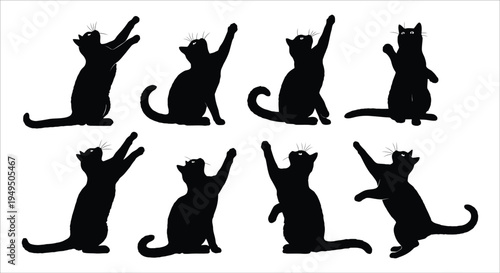 Silhouette collection of black cats in various playful reaching poses