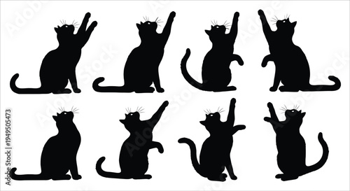 A collection of eight black cat silhouettes in various playful reaching poses