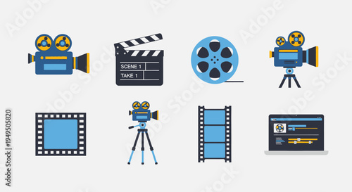 Film Production Icons: Cameras, Clapperboard, Film Reel, Editing Software on Laptop