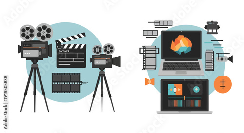 Filmmaking and Video Editing Concept: Vintage Cameras, Clapperboard, and Modern Software