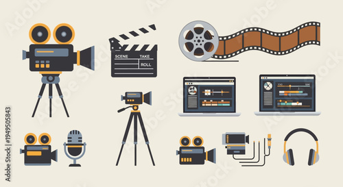 Filmmaking and Video Production Equipment Icons: Camera, Clapperboard, Film Reel, Laptop Editing