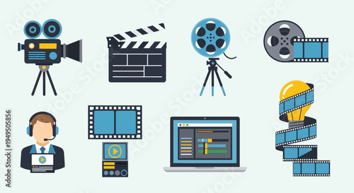 Filmmaking and Video Production Icons: Camera, Clapperboard, Film Reel, Editing, Idea Bulb