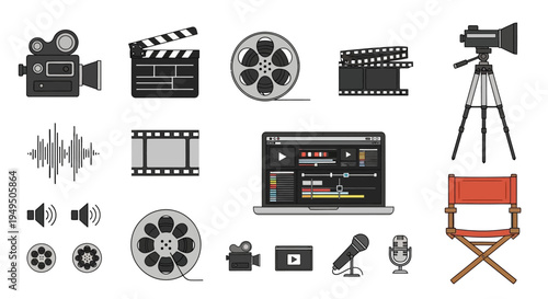 Filmmaking and Video Production Icons: Camera, Clapperboard, Film Reel, Editing, Sound, Microphone, Director Chair