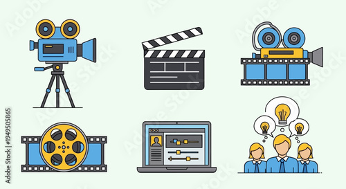 Filmmaking and Video Production Icons: Camera, Clapperboard, Film Reel, Editing, Ideas