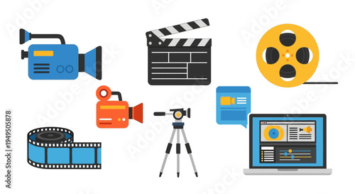 Filmmaking and Video Production Icons: Camera, Clapperboard, Film Reel, Laptop
