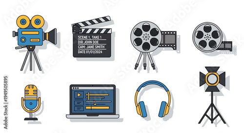 Filmmaking and Video Production Icons: Camera, Clapperboard, Reel, Mic, Laptop, Headphones, Light
