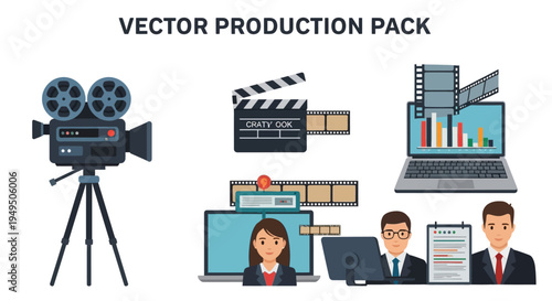 Vector Production Pack: Film Camera, Clapperboard, Laptop, Business People, Data Analysis