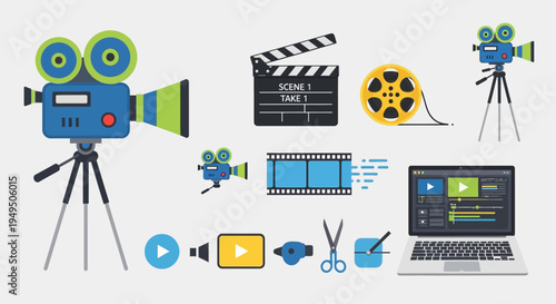 Video Production Equipment and Icons: Camera, Film, Editing, Clapperboard, Laptop