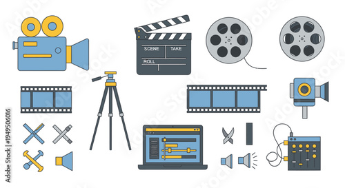 Video Production Equipment Icons: Camera, Film, Clapperboard, Editing, Sound, Tripod