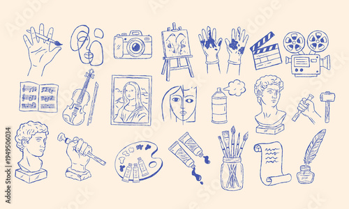Whimsical Fine Art Sketches and Icons. ​Hand Drawn Art Supplies and Classic Masterpiece Doodles. Charcoal Style Set with Sculpture, Painting, and Music Icons.