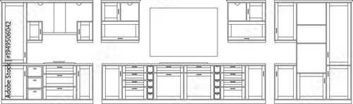 Technical architectural plan and elevation drawings showing various kitchen cabinet layouts, appliances, sinks and storage configurations.