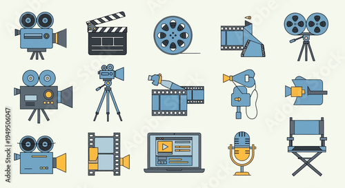 Vintage Film Production Icons: Cameras, Clapperboard, Reel, Microphone, Director's Chair