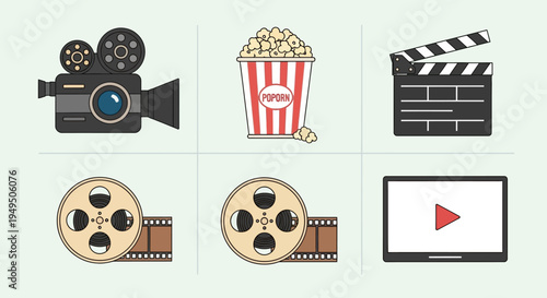 Cinema Icons: Film Camera, Popcorn, Clapperboard, Film Reels, and Screen