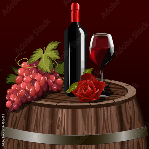 Bottle and glass on a wooden barrel.Colored vector illustration with a glass, grapes and a bottle of wine on a wooden barrel.