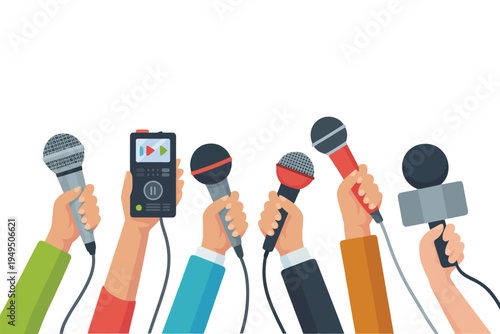 Broadcasting Media Interview Background with Hands Holding Microphones, Press Conference and TV News Journalism Concept, Mass Media Reporting and Journalist Microphone Vector Illustration