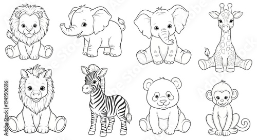 Sketch-style line drawings of lions, elephants, zebras, giraffes, and monkeys in a playful wildlife theme.
