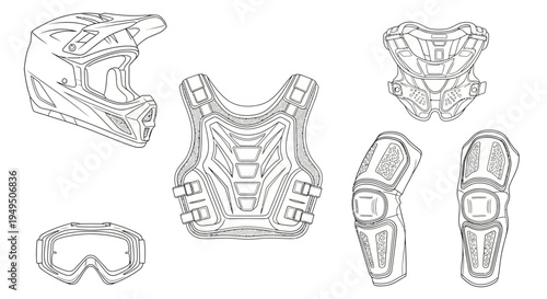 Set of protective sports gear including helmet chest protector and pads, shown as line drawings.