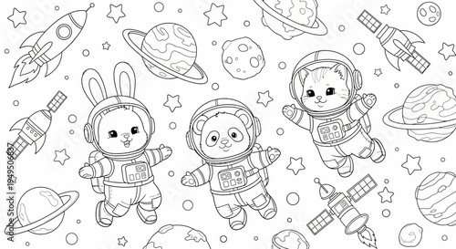 Space Adventure Rabbits in Space Doodles: Astronaut Bunnies and Rockets Coloring Sketches.