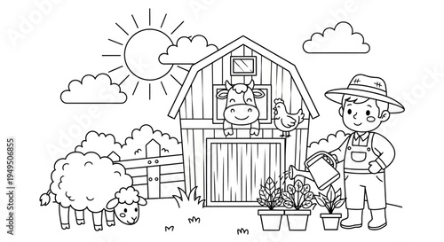 Sunny rural farm scene with a farmer beside a barn and crops.