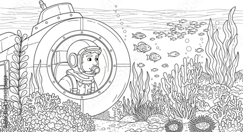 Underwater exploration scene with a person inside a circular porthole submarine surrounded by aquatic plants and fish.