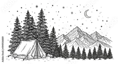 Snowy night campsite among pine trees and distant mountains under a crescent moon.