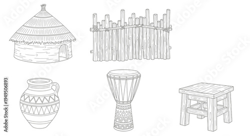 Sketch Set of Traditional Cultural Artifacts and Tools for Rural Heritage.