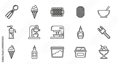 Collection of assorted line icons depicting everyday objects and tools in a minimalist style.