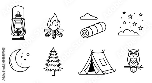 A tranquil camping scene featuring a lantern, campfire, tent, moon and owl silhouettes.