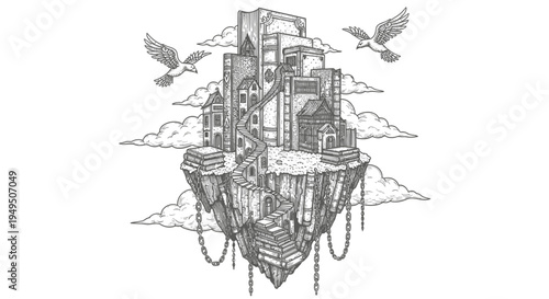 Surreal floating city on a rocky island with clouds and birds above.