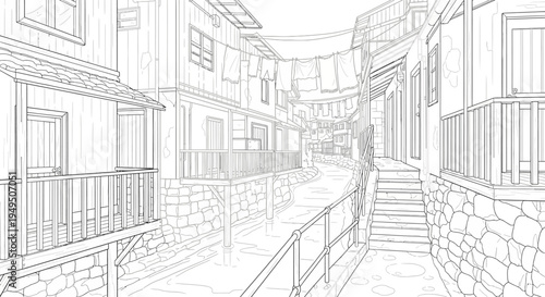 Illustrated street view of a quaint canal-side village with wooden houses and balconies.