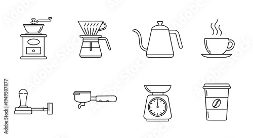 Minimalist line icons of coffee grinder, maker, kettle, cup, and scale in a kitchen collection.