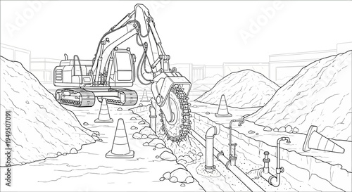 Line drawing of excavator at a quarry construction site with cones, barriers, and workers amid mountains and dirt.