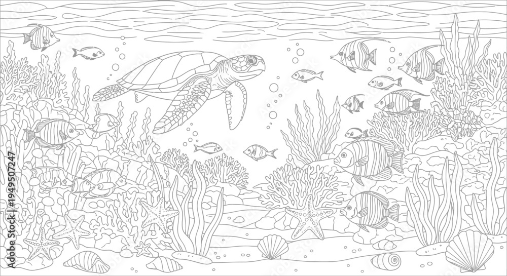 Fototapeta premium Intricate undersea scene featuring fish, corals, and seaweed in a detailed line drawing for coloring.