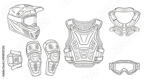 Outline drawing of protective sports gear including helmet, chest protector, shoulder pads and knee guards.