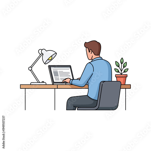 Man working on laptop at desk with lamp and plant, home office setup, focused employee